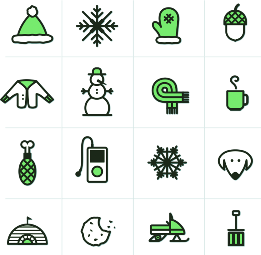 Free icons display: hat, snowflake, mitten, acorn, sweater, snowman, scarff, coffee, chicken, ipod, dog, igloo, cookie, snowmobile, and snow shovel